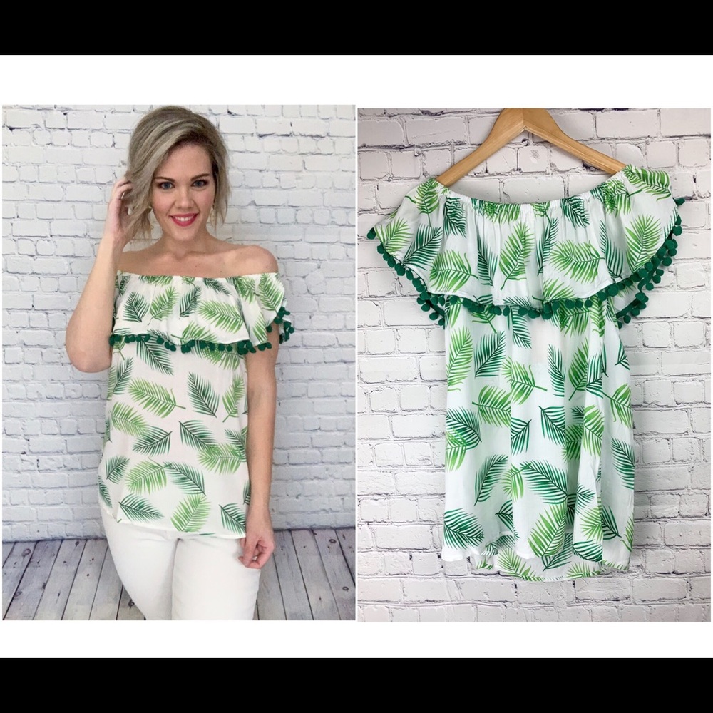 PALM LEAF POM POM OFF THE SHOULDER TOP